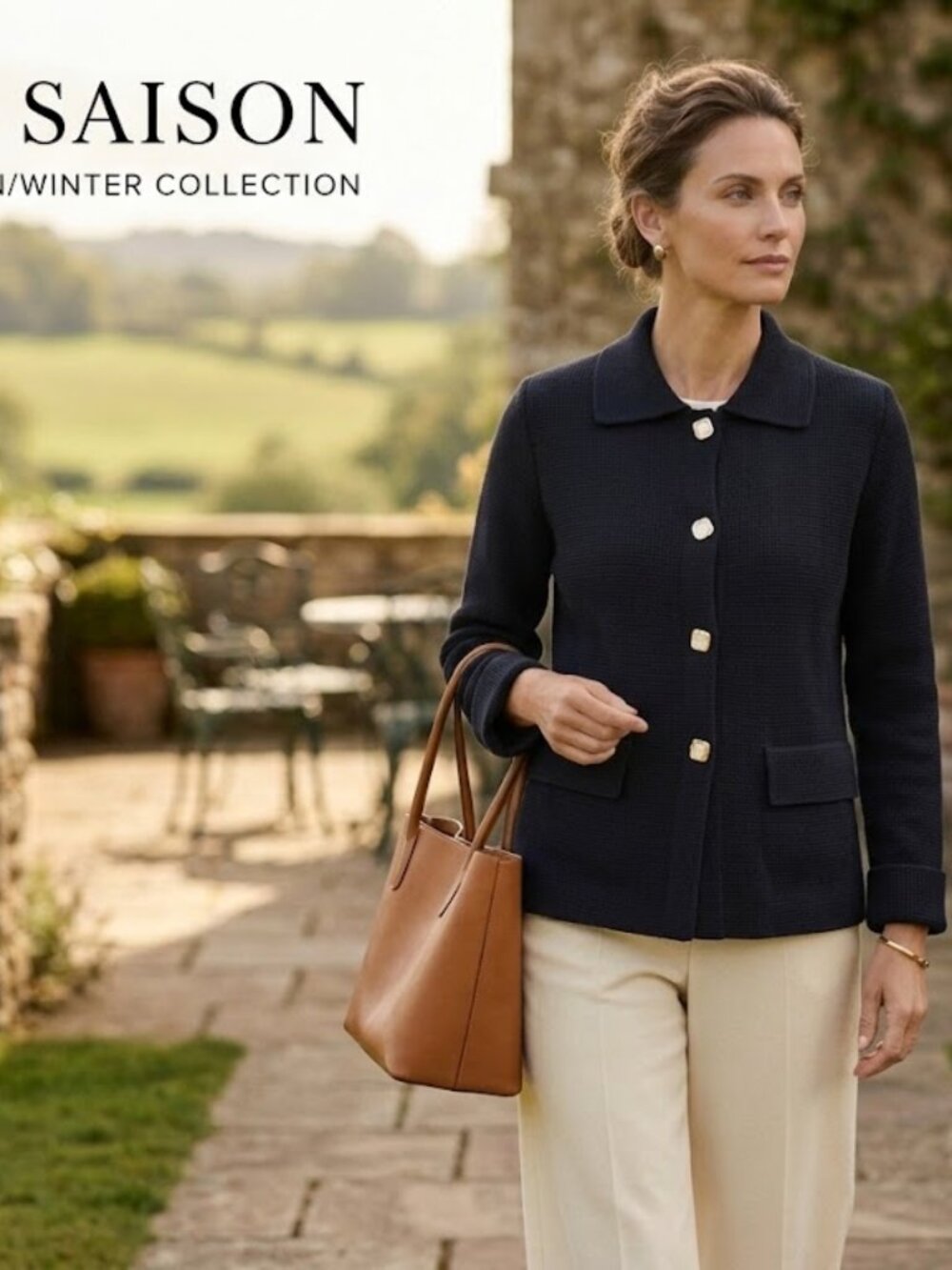 EN SAISON Navy Blue Knit Cardigan Jacket Mother of Pearl Style Gold Buttons S